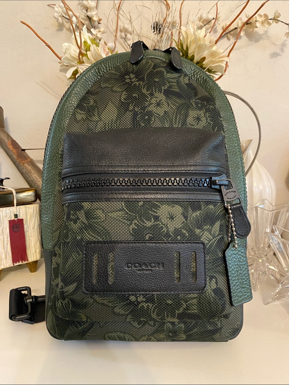 Coach F59302 Unisex Black & Green Pebble Leather Sling bag Floral Canvas & Mesh